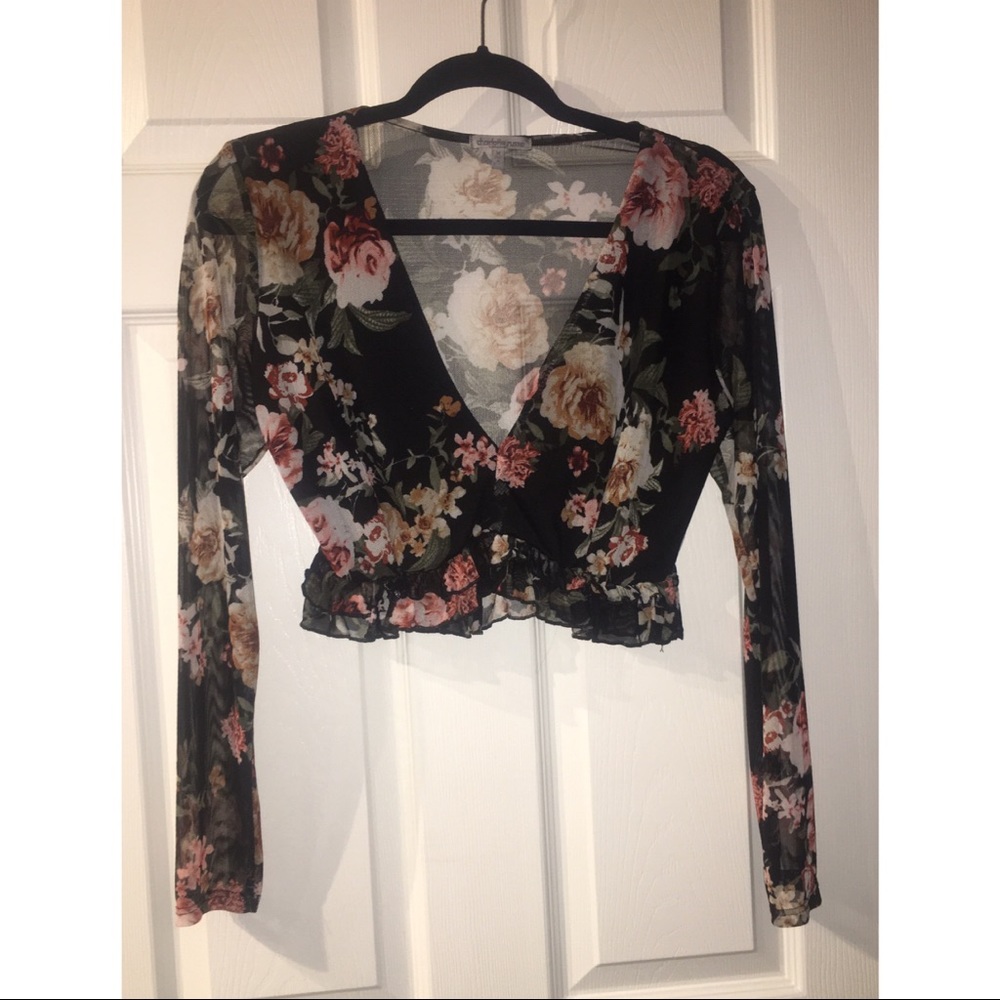 Black Floral Mesh Sleeve Crop